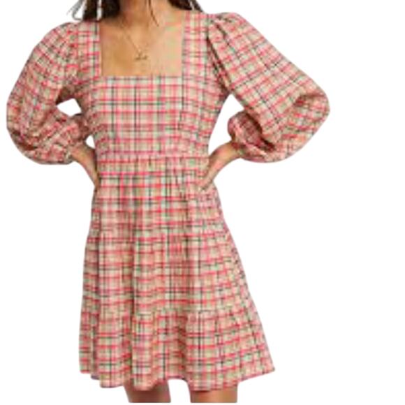 Topshop Check Plaid Smock Mini Dress Size 6 Y2K Babydoll Boho Puff Sleeve Retro - Picture 2 of 16